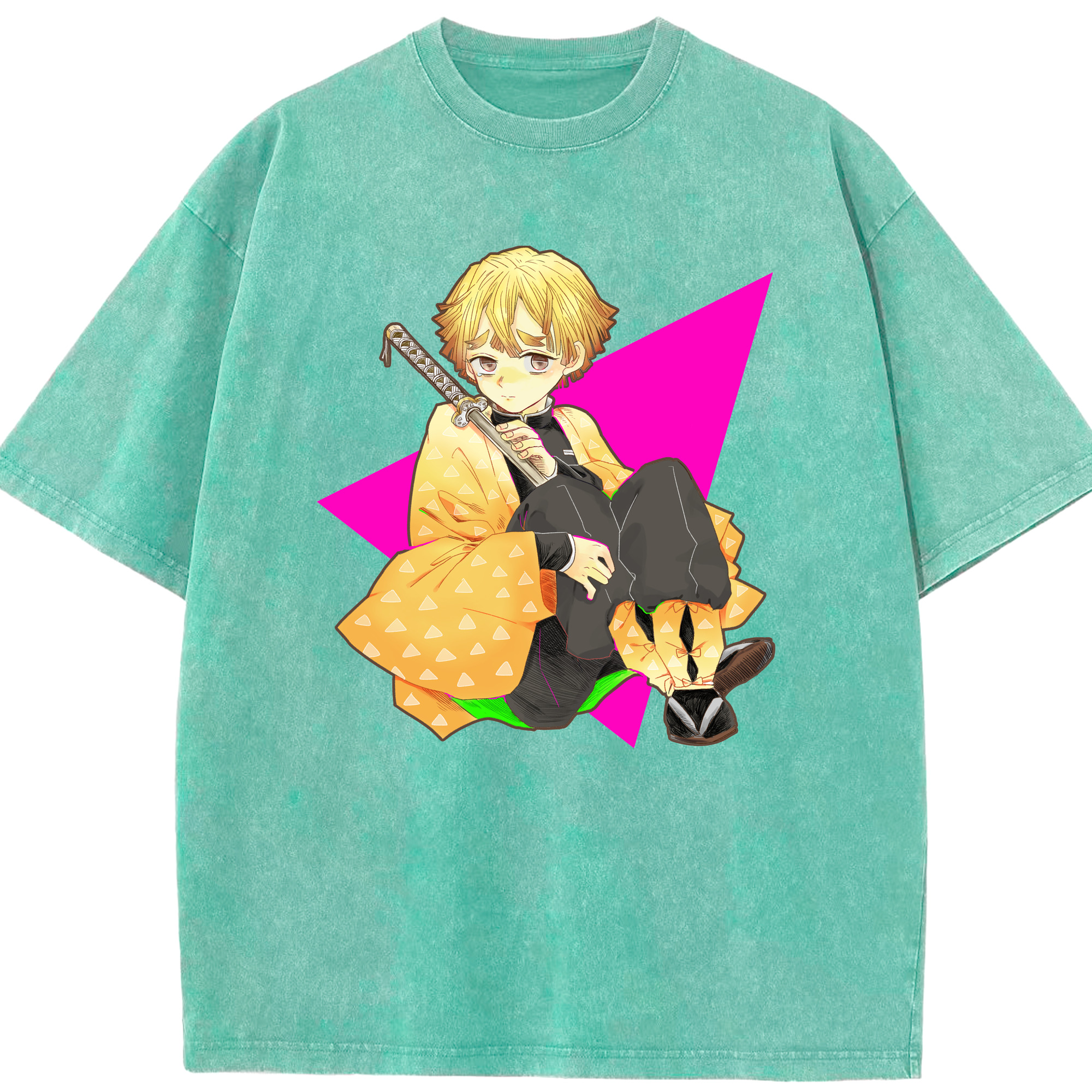 （画像用） 鬼滅の刃（きめつのやいば）我妻 善逸／あがつま ぜんいつ Agatsuma Zenitsu 綿100% ヴィンテージ風 半袖Tシャツ（フロントプリント）